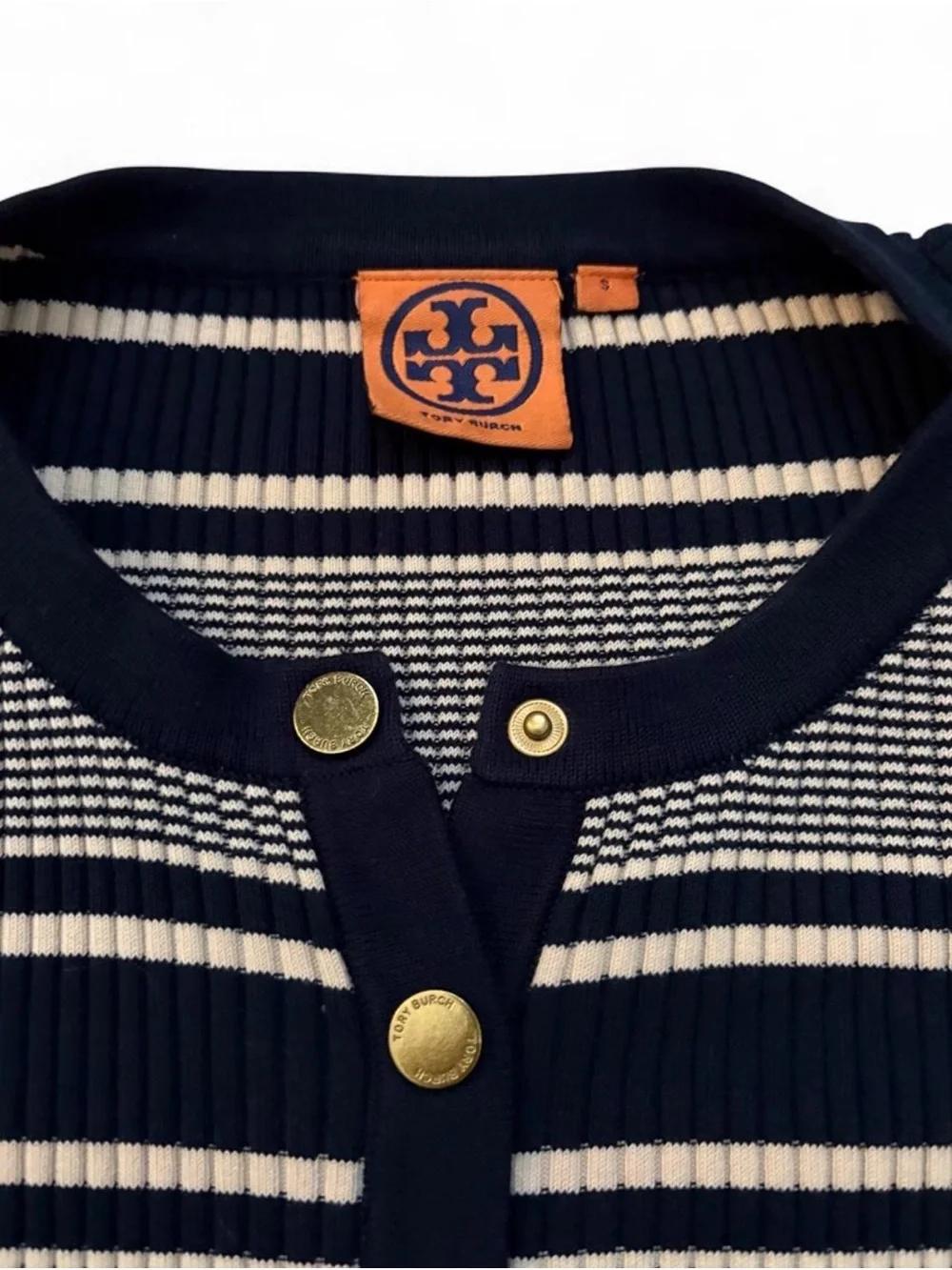 Tory Burch Navy & Cream Striped Henley Knit Top